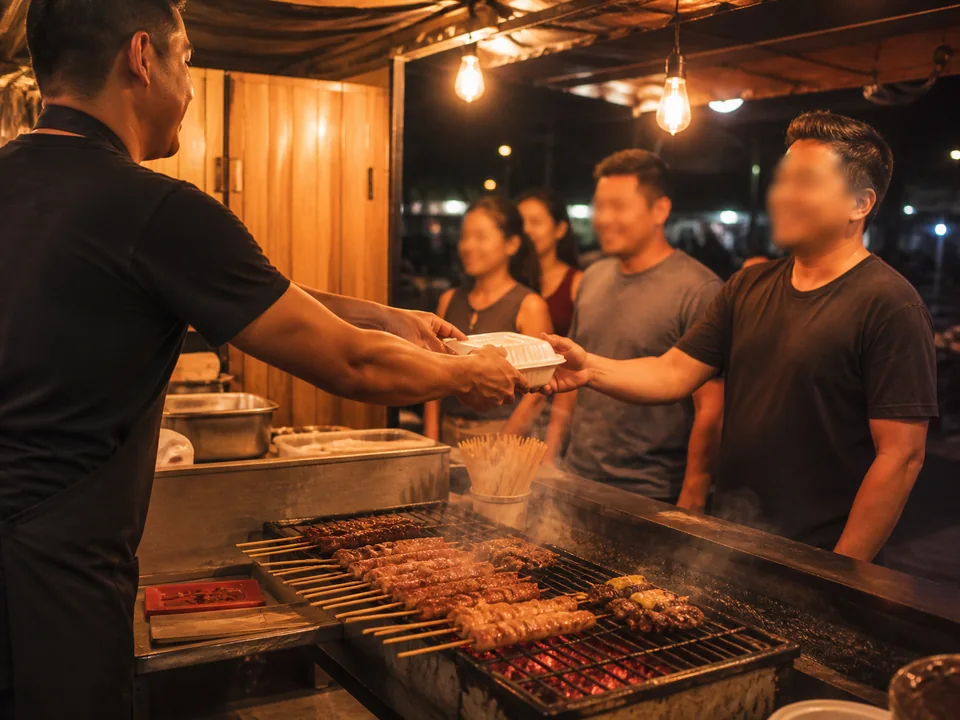 Ponto de churrasquinho atendendo clientes à noite